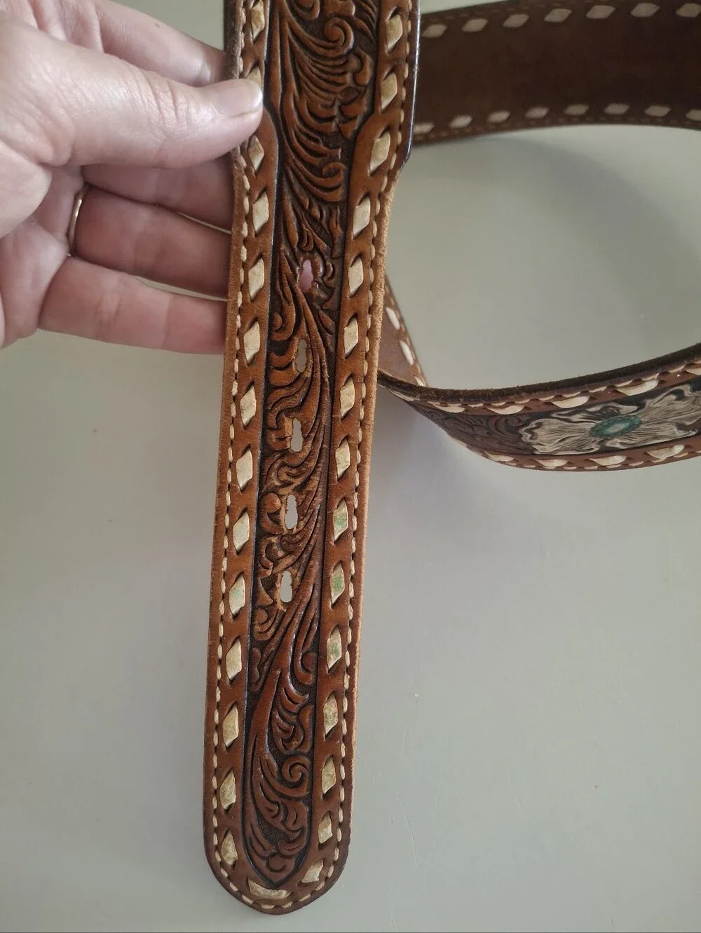 Tooled Leather Floral Belt with Turquoise Accents